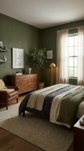 Olive green mid century bedroom interior
