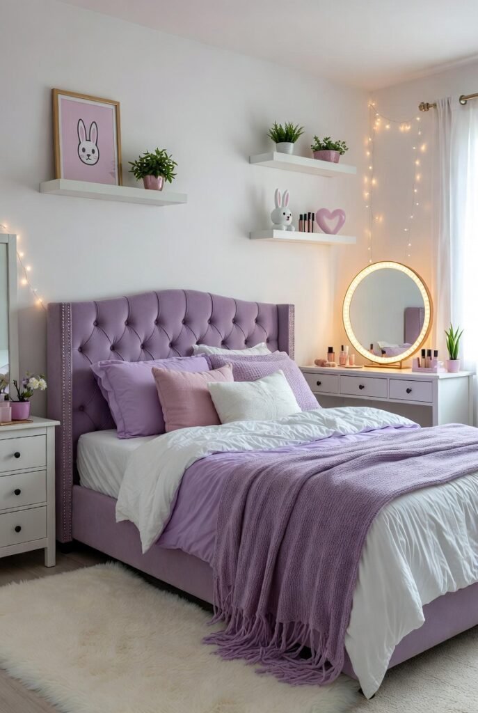 Soft lavender teen bedroom with layered bedding, fairy lights, and LED vanity mirror.