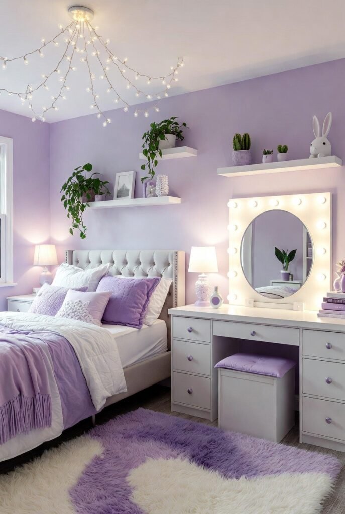 Soft pastel teen bedroom with lavender walls, layered bedding, and cozy fairy lights.