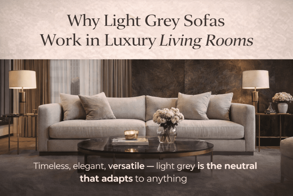 Living room ideas light grey sofa — elegant neutral interior with marble and gold accents