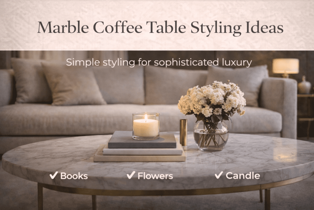 Marble coffee table styling ideas — white Carrara marble table in front of light grey sofa