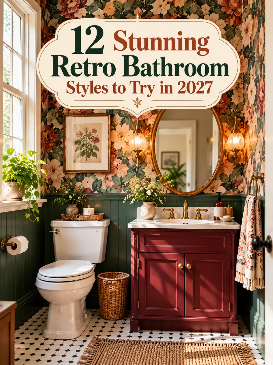 Retro bathroom with floral wallpaper, burgundy vanity, brass mirror, and vintage decor.