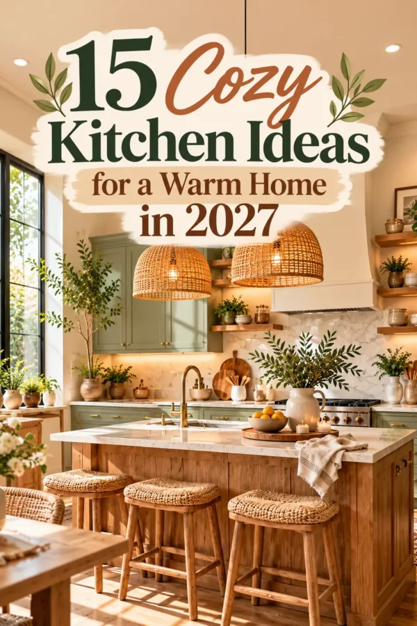 Cozy kitchen ideas for 2027 featuring sage green cabinets, warm lighting, and natural wood accents.