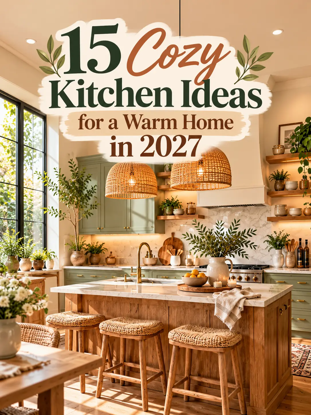 Cozy kitchen ideas for 2027 featuring sage green cabinets, warm lighting, and natural wood accents.