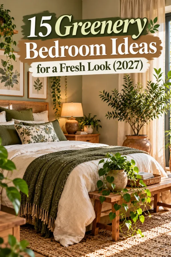 Cozy greenery bedroom with indoor plants, olive green bedding, natural wood furniture, and warm sunlight.