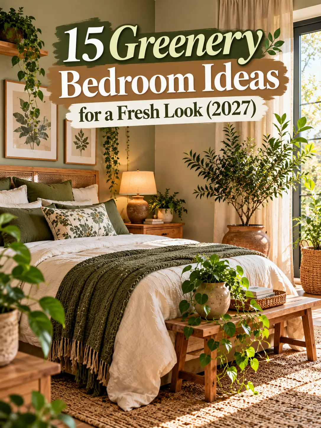 Cozy greenery bedroom with indoor plants, olive green bedding, natural wood furniture, and warm sunlight.