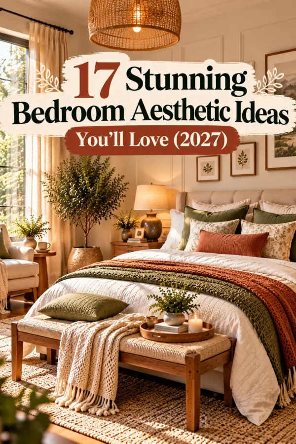 Cozy bedroom aesthetic with neutral bedding, wooden furniture, warm lighting, and stylish decor ideas for 2027.