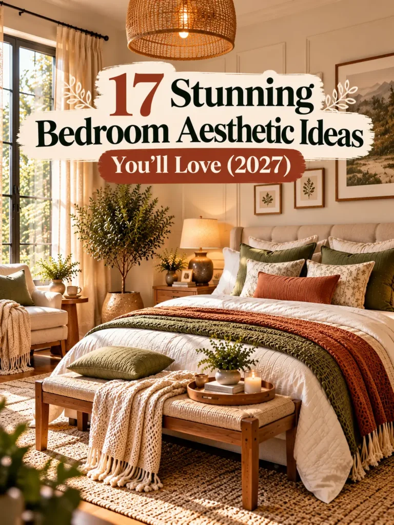 Cozy bedroom aesthetic with neutral bedding, wooden furniture, warm lighting, and stylish decor ideas for 2027.