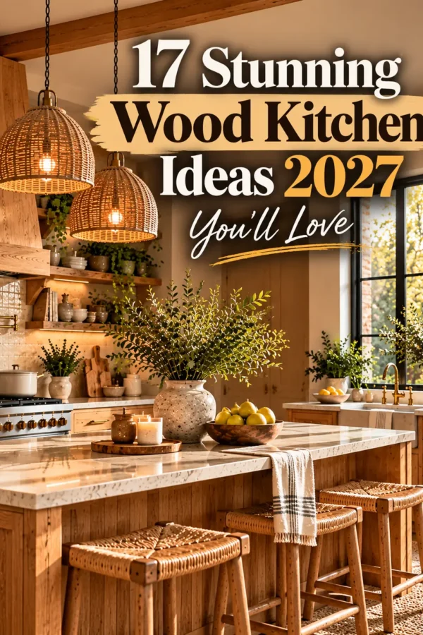 17 stunning wood kitchen ideas for 2027 featuring natural oak cabinets, marble countertops, woven pendant lights, and a modern kitchen island.