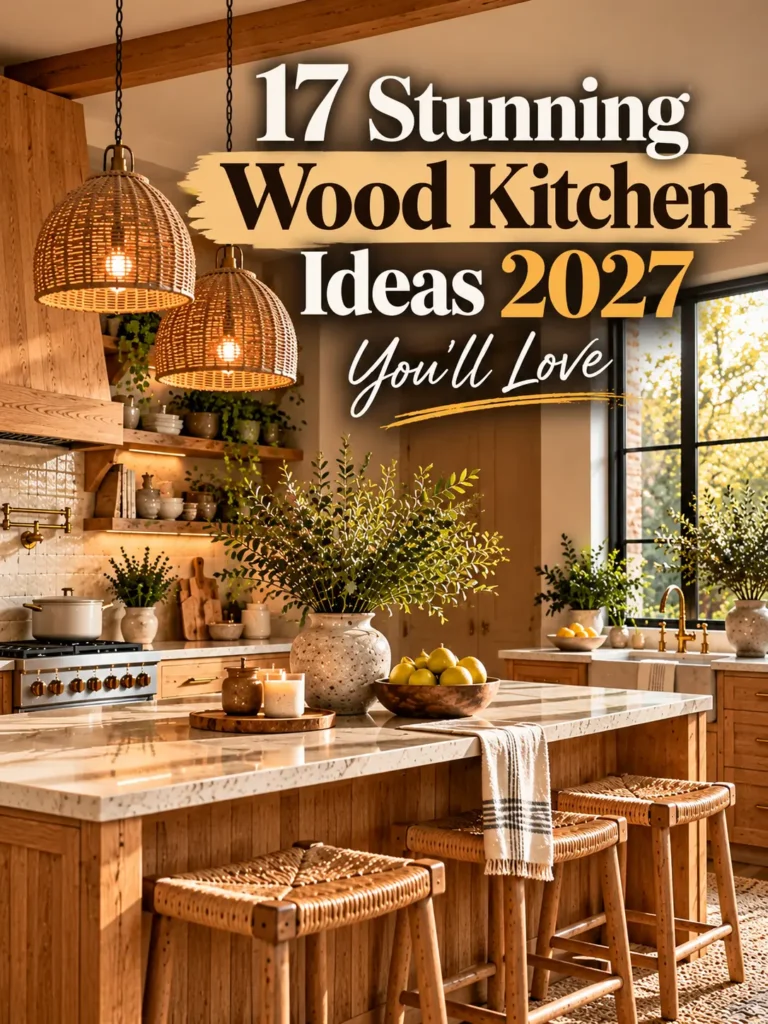 17 stunning wood kitchen ideas for 2027 featuring natural oak cabinets, marble countertops, woven pendant lights, and a modern kitchen island.