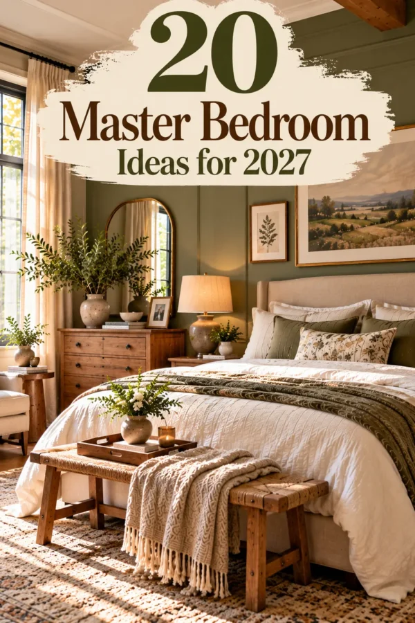 20 master bedroom ideas for 2027 featuring sage green walls, cozy bedding, and elegant decor.
