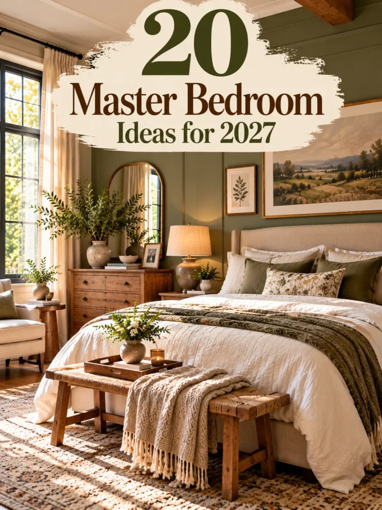 20 master bedroom ideas for 2027 featuring sage green walls, cozy bedding, and elegant decor.