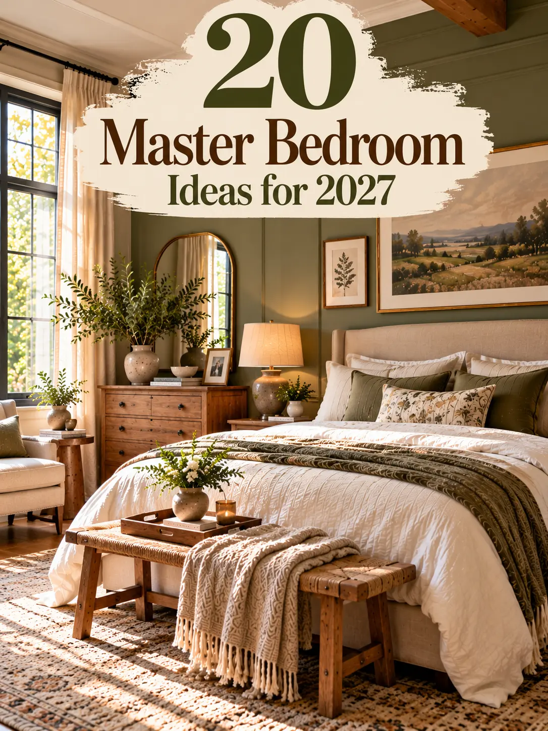 20 master bedroom ideas for 2027 featuring sage green walls, cozy bedding, and elegant decor.