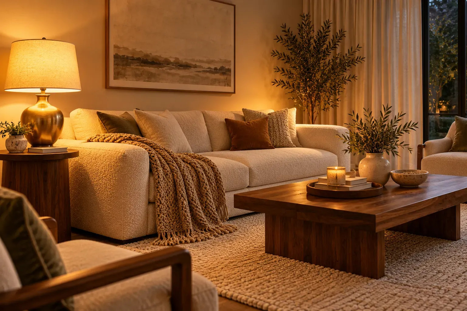 Cozy luxury living room featuring golden lamps and richly textured neutral furnishings