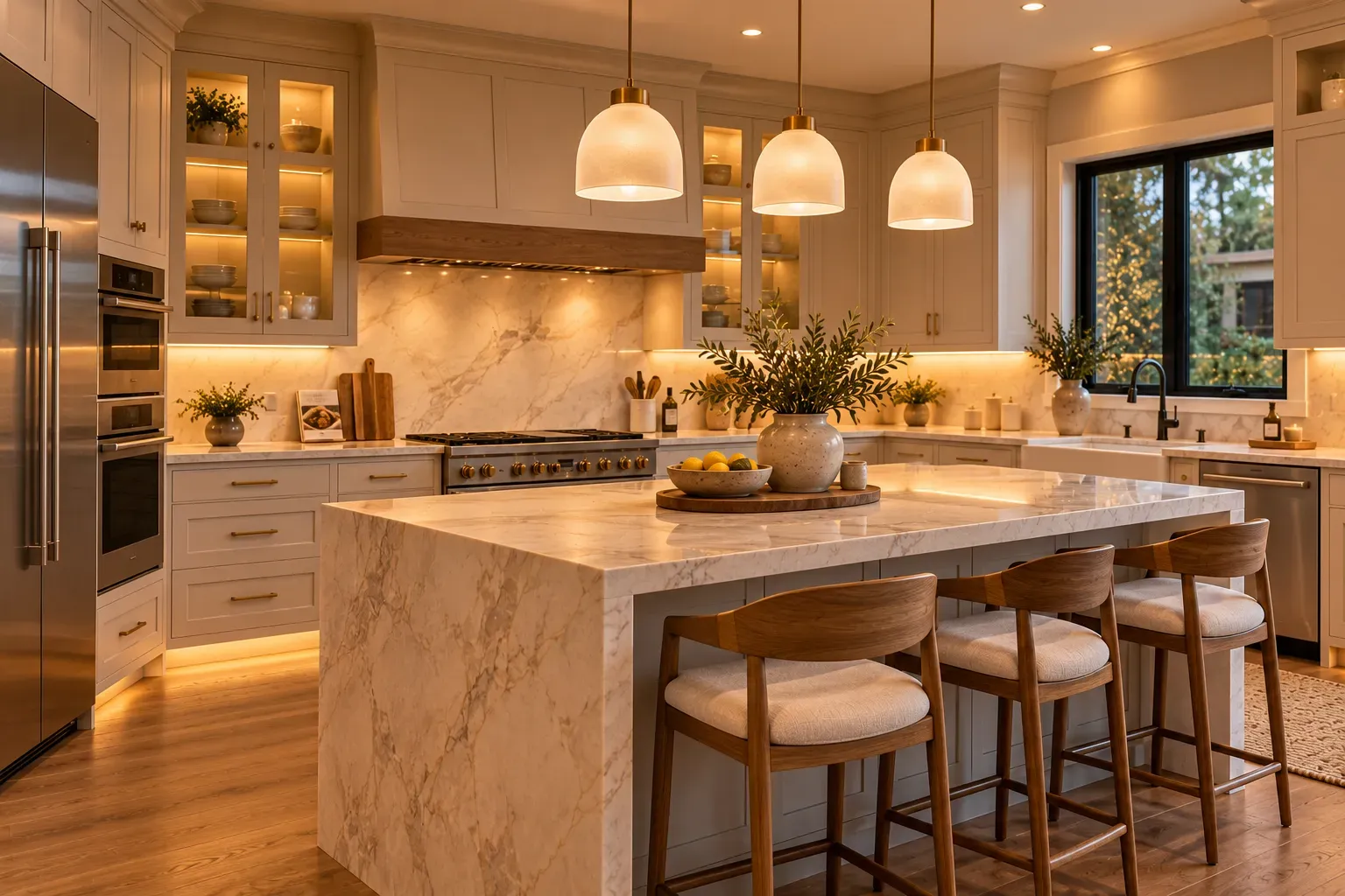 Elegant modern kitchen with warm pendant lights and illuminated marble countertops