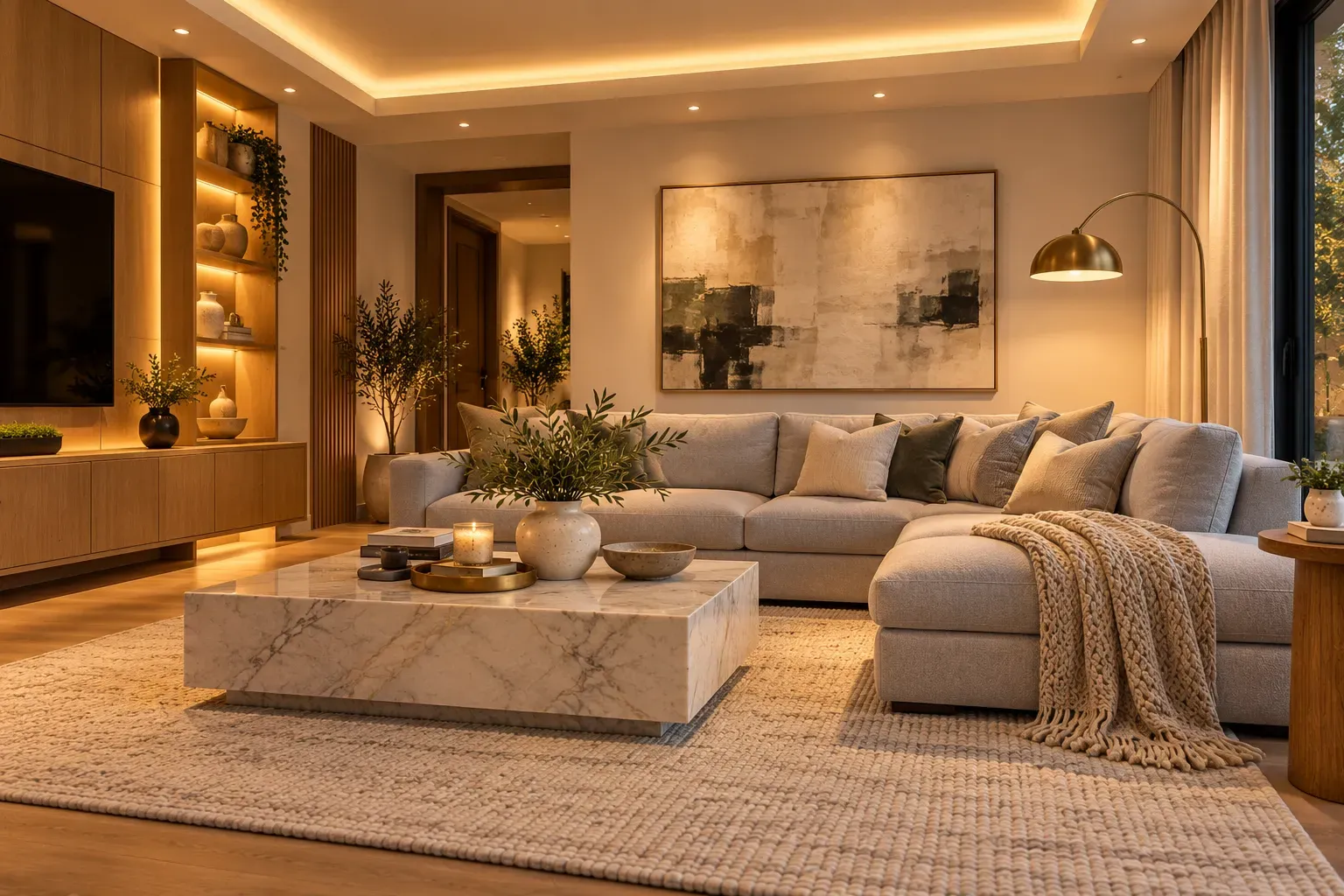 Modern luxury interior illuminated with balanced 3000K lighting and elegant marble accents