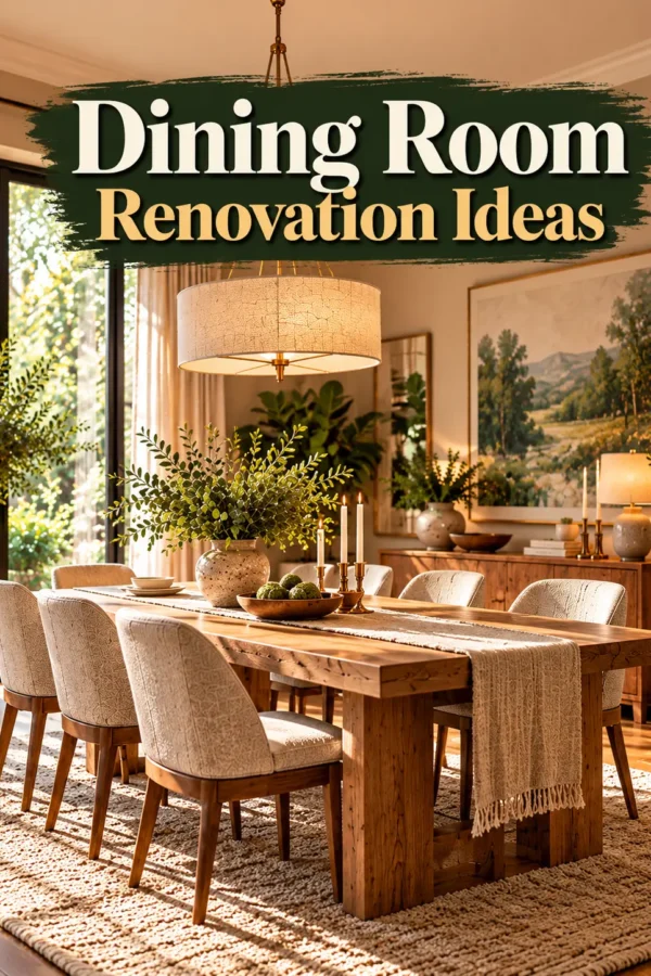 Dining room renovation ideas featuring a modern oak dining table, upholstered chairs, elegant pendant lighting, and cozy natural decor.