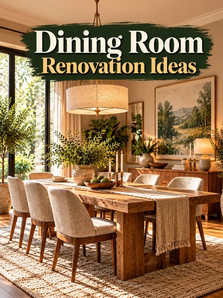 Dining room renovation ideas featuring a modern oak dining table, upholstered chairs, elegant pendant lighting, and cozy natural decor.