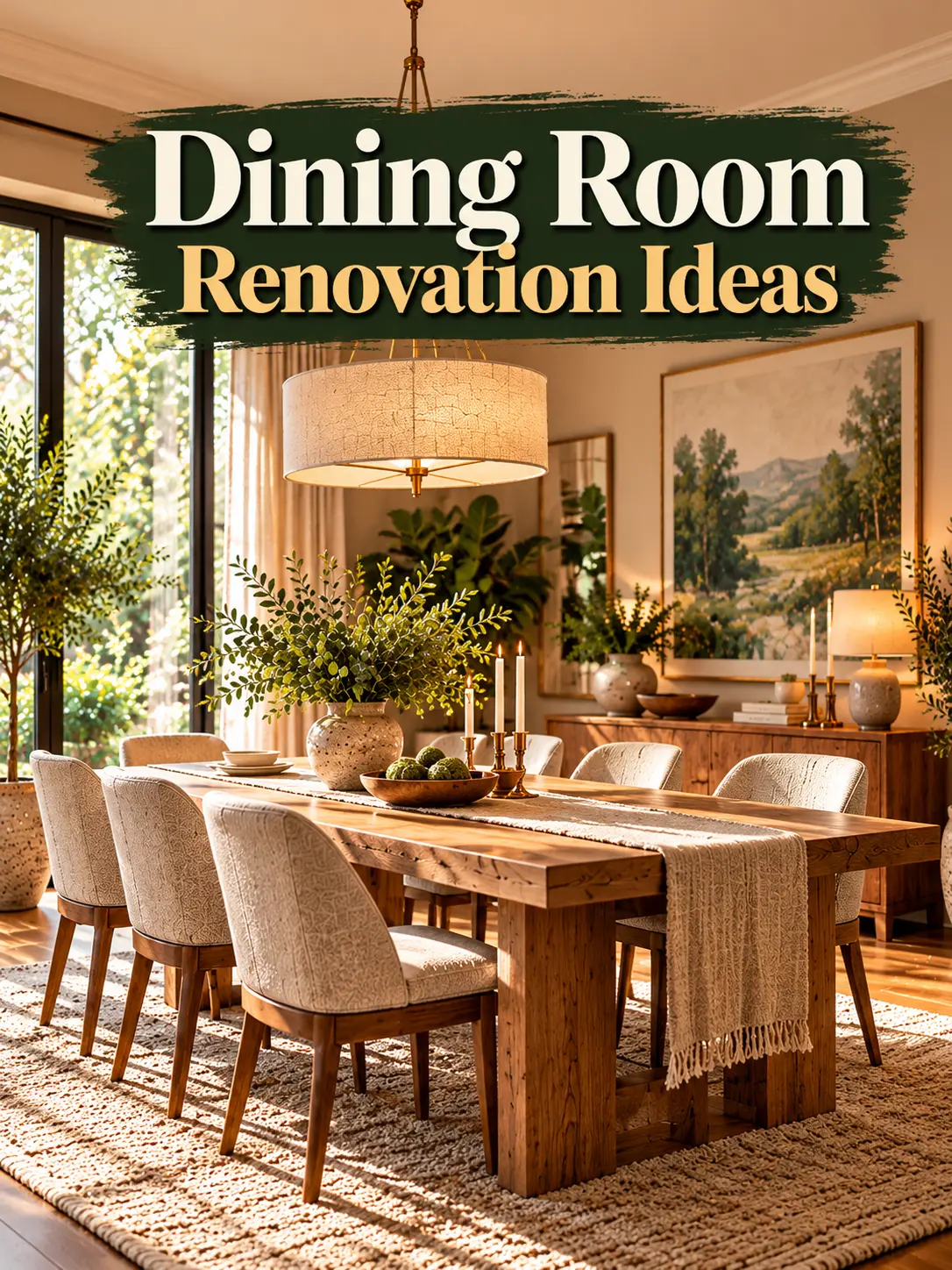 Dining room renovation ideas featuring a modern oak dining table, upholstered chairs, elegant pendant lighting, and cozy natural decor.
