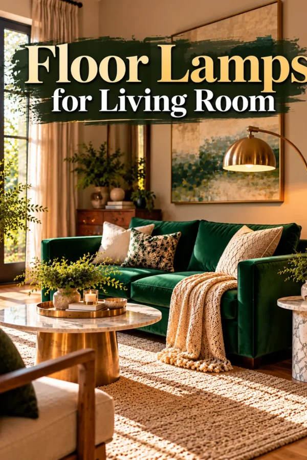 Floor lamps for living room featuring a brass arc lamp, emerald green sofa, and elegant modern home decor.