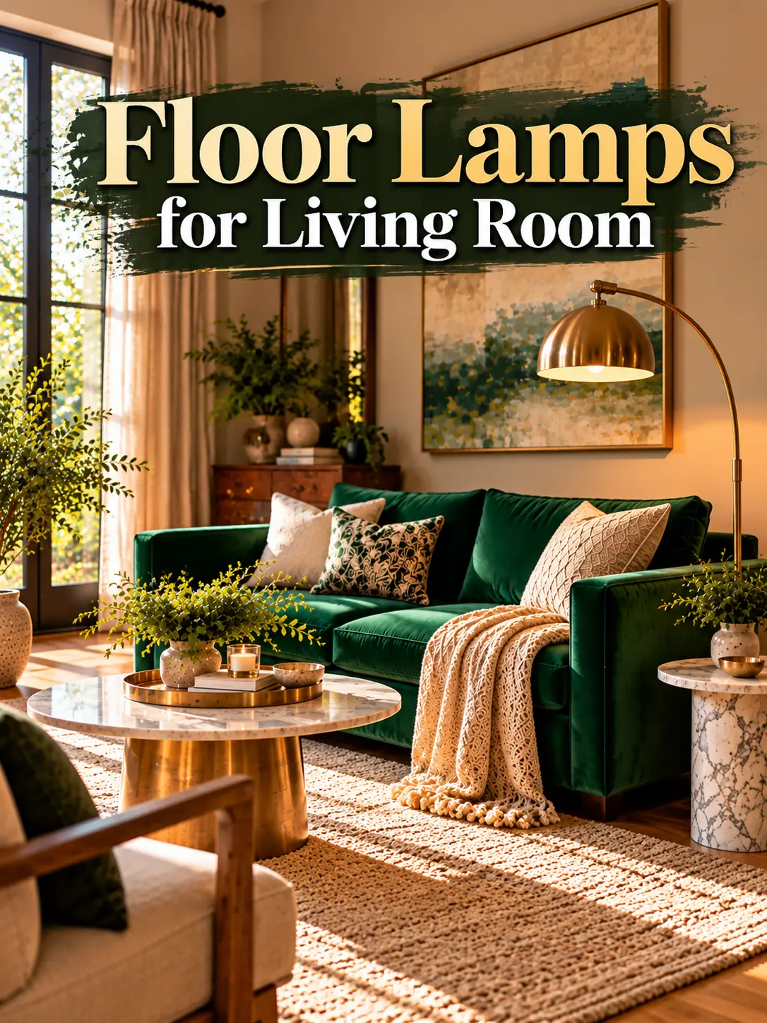 Floor lamps for living room featuring a brass arc lamp, emerald green sofa, and elegant modern home decor.