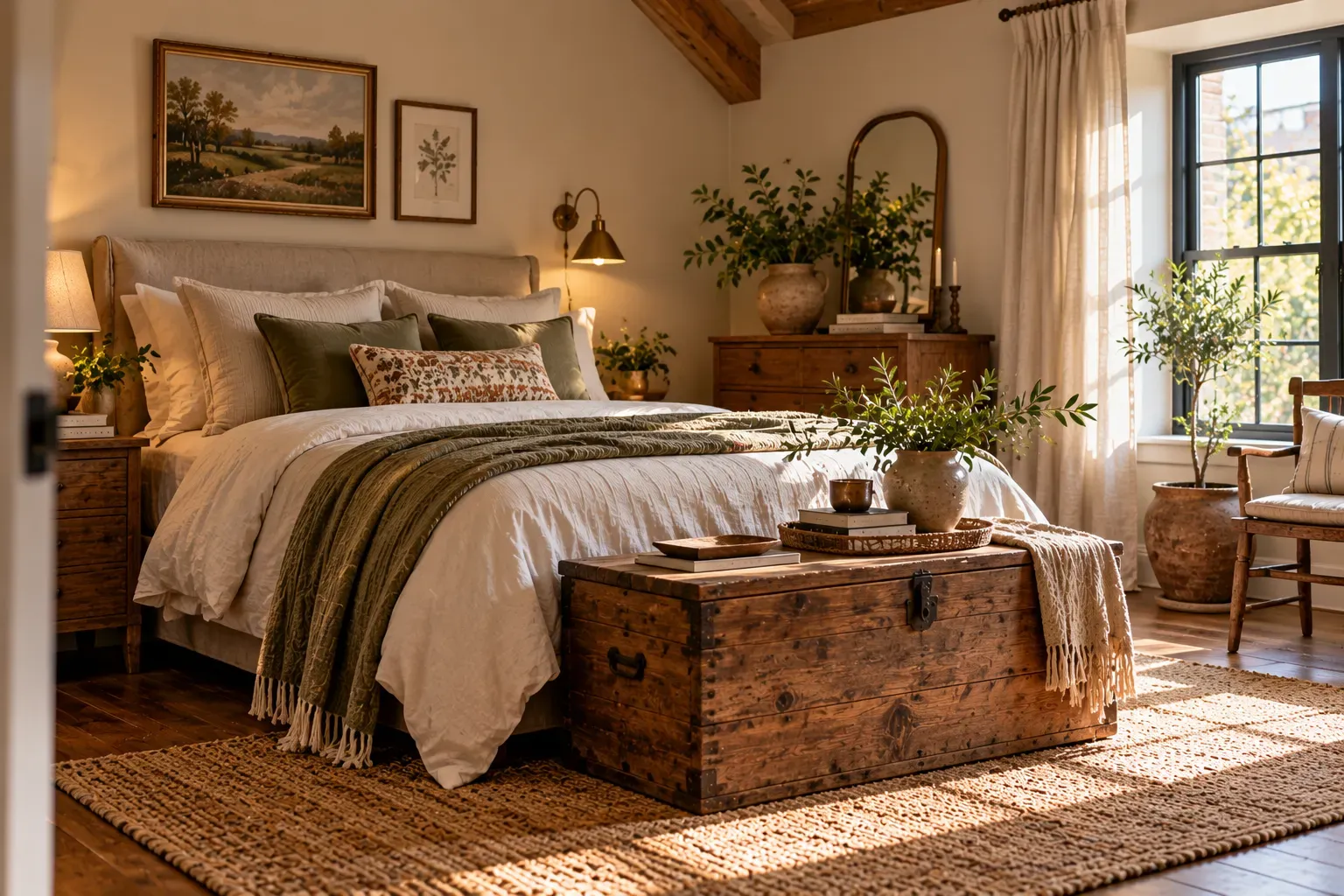 Add a Living Accent to a Rustic Wood Bedroom styled with natural foliage and practical bedroom furnishings