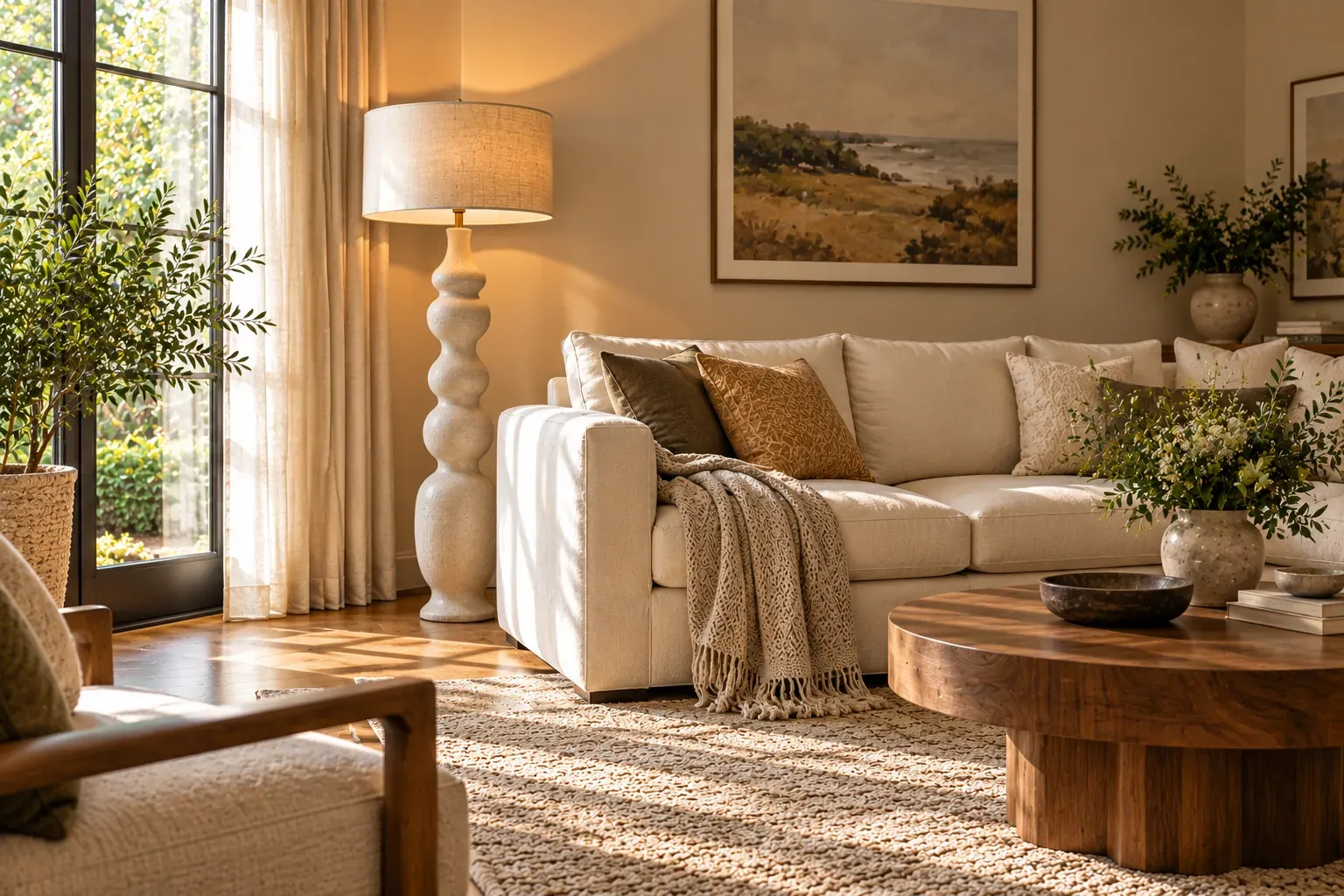 Sculptural ceramic floor lamp by neutral sofa in a welcoming, naturally lit contemporary residential living
