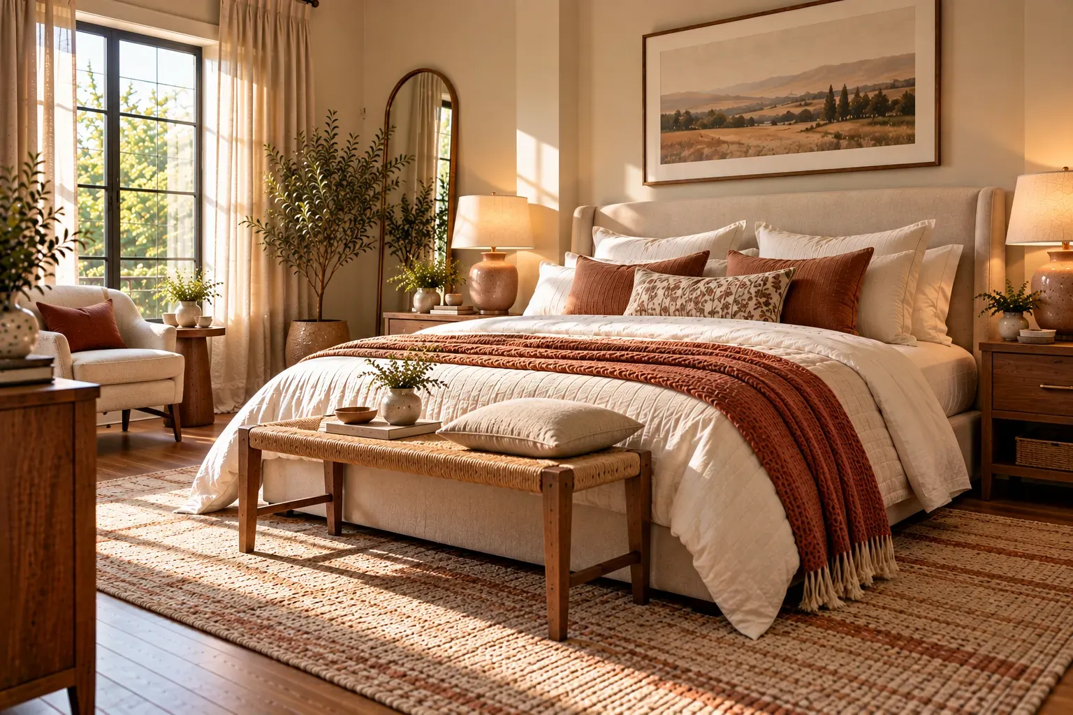 Warm residential bedroom featuring terracotta throw and ceramic lamp, beige bed, flatweave rug in natural