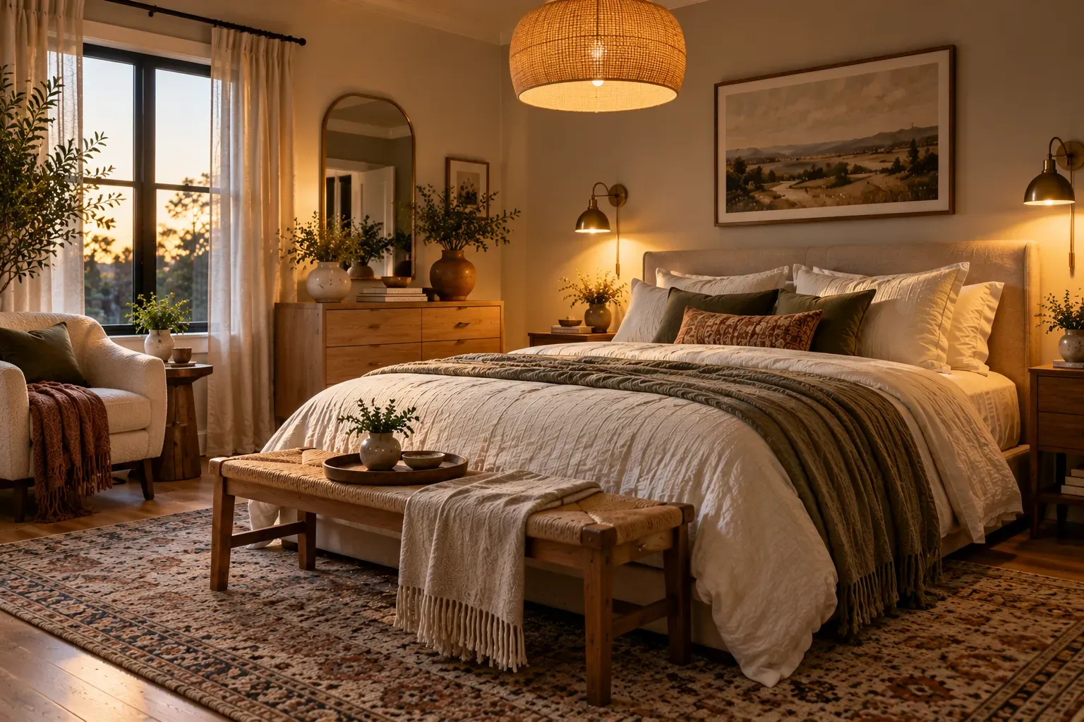 Realistic master bedroom showing add bedroom ideas for better lighting with comfortable furnishings and natural daylight
