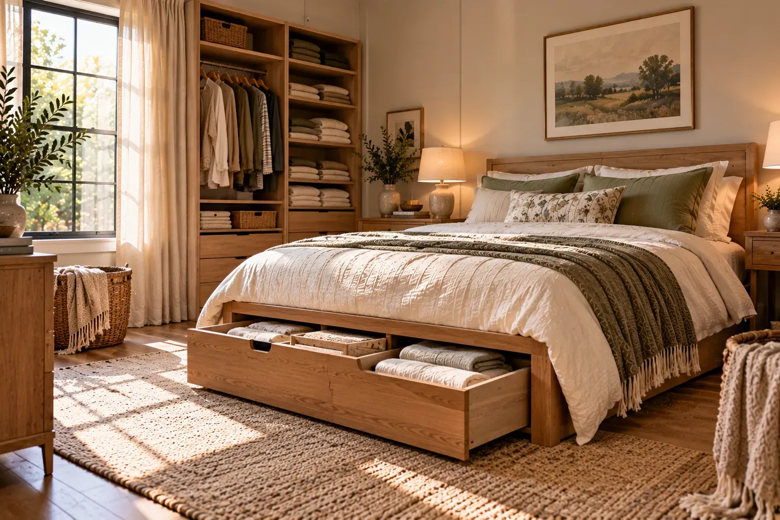 Realistic master bedroom showing add hidden storage with comfortable furnishings and natural daylight