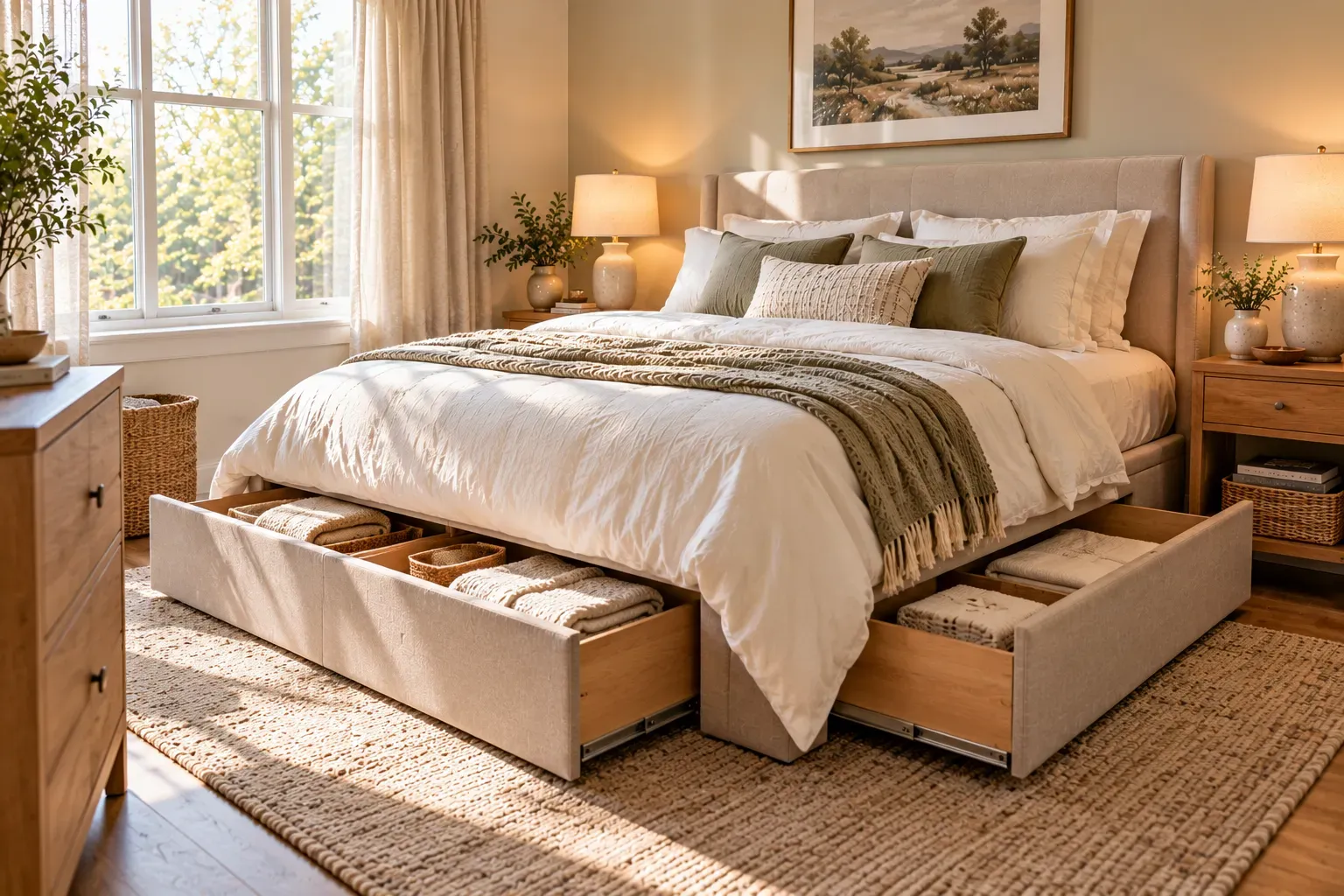 Photorealistic queen bedroom showing add smart storage beneath the bed with practical furniture and natural