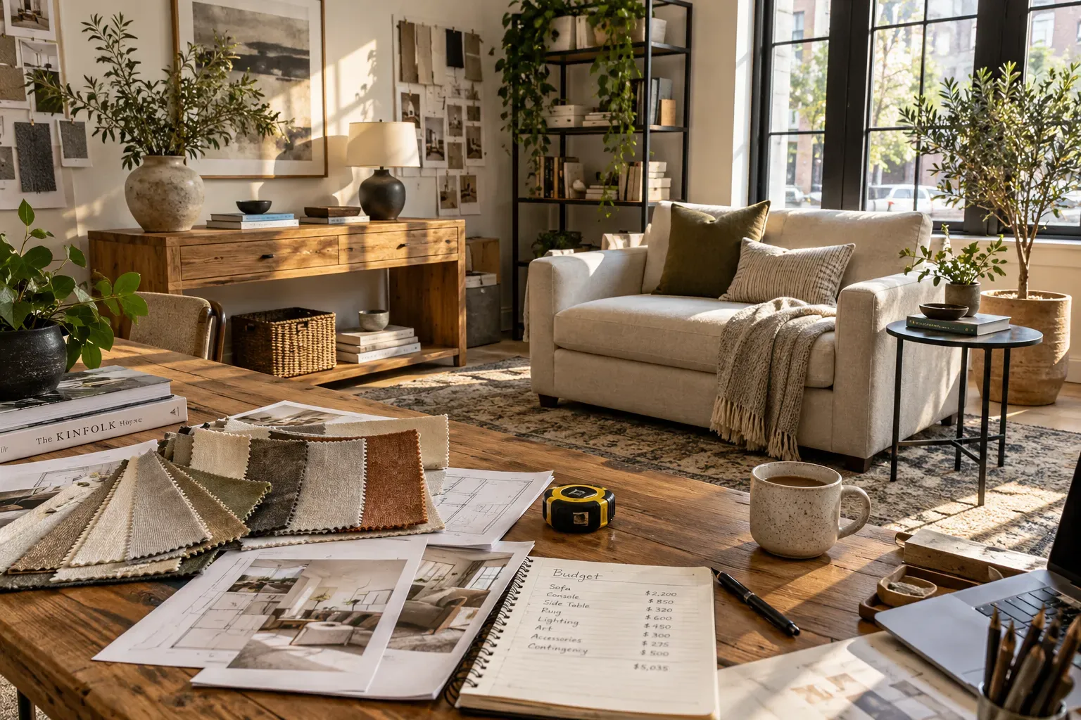Furniture samples and stylish affordable pieces arranged in a realistic interior planning studio