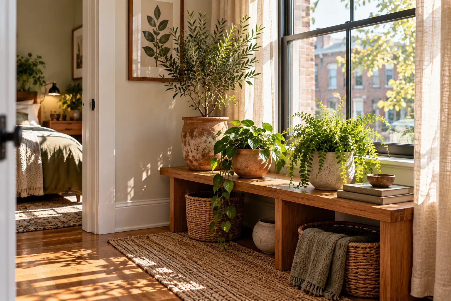 Arrange a Low Plant Bench at the Foot of the Window styled with natural foliage and practical bedroom furnishings
