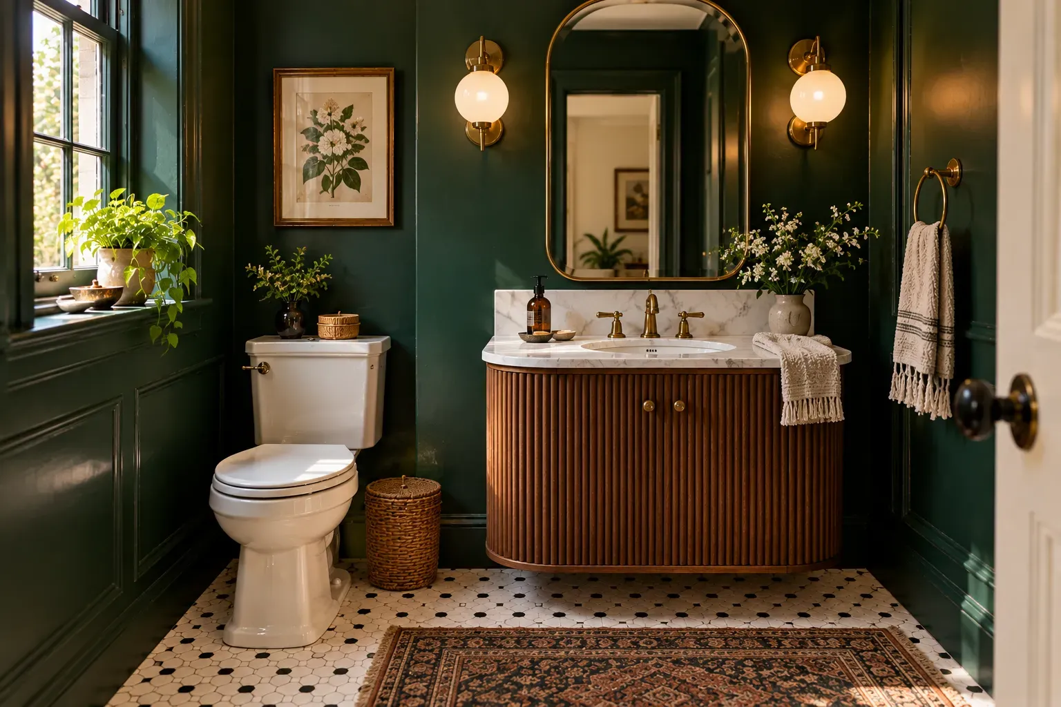 Retro bathroom with art deco arches and deep emerald and practical vintage inspired fixtures