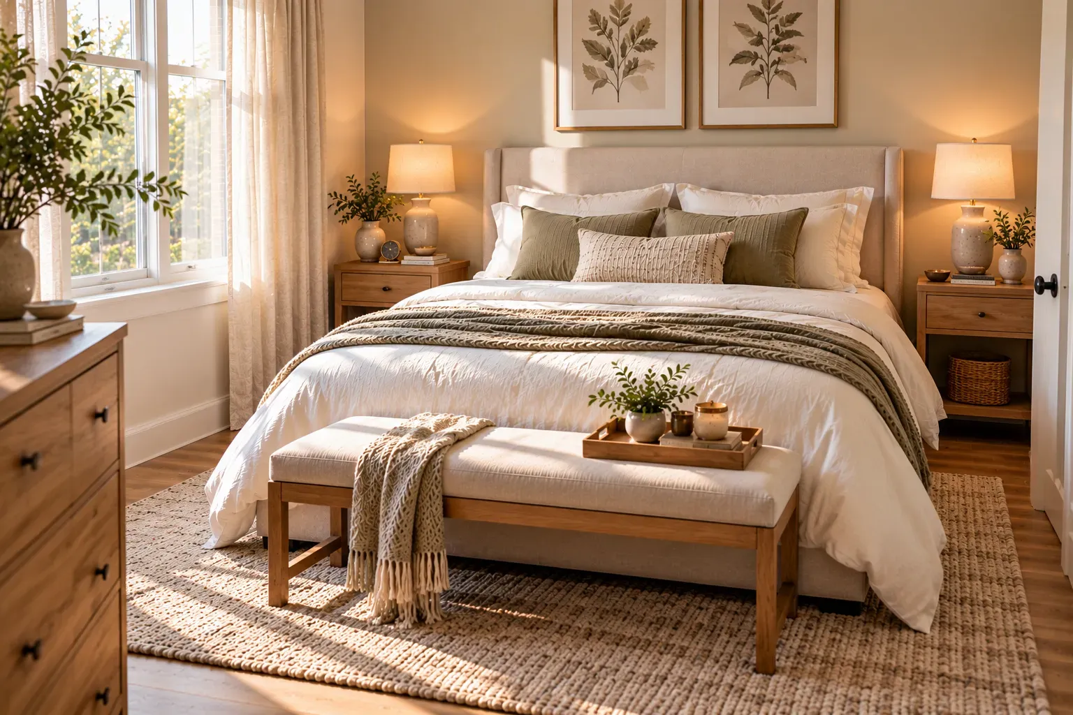 Photorealistic queen bedroom showing balance the bed with bedside furniture with practical furniture and natural