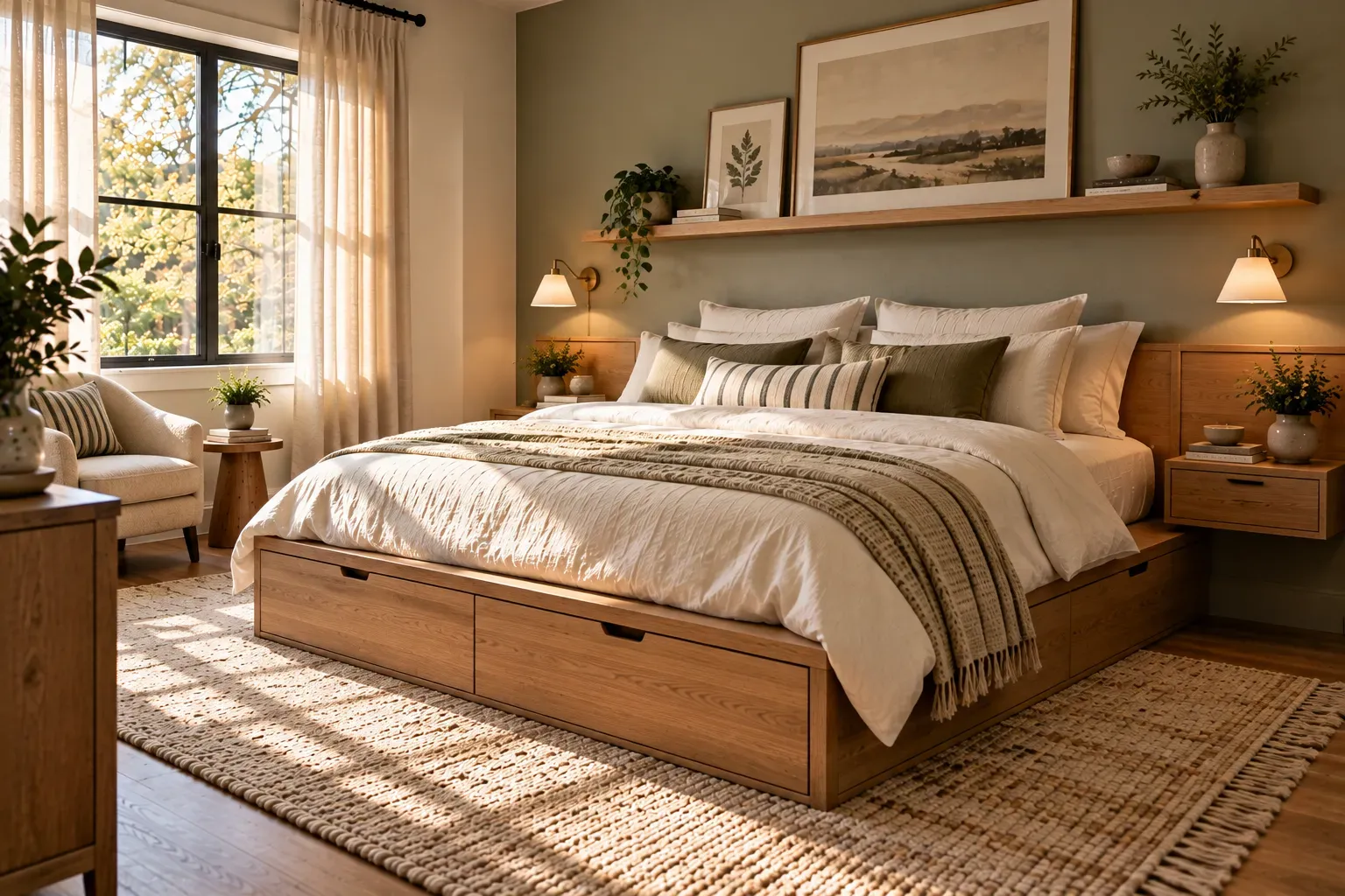 Warm residential bedroom featuring storage platform bed and narrow floating shelf, wall sconce, striped cushion