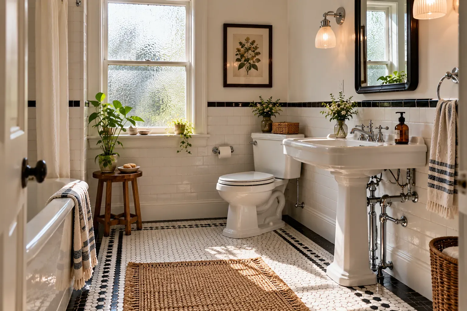 Retro bathroom with black trim and classic white hex tile and practical vintage inspired fixtures