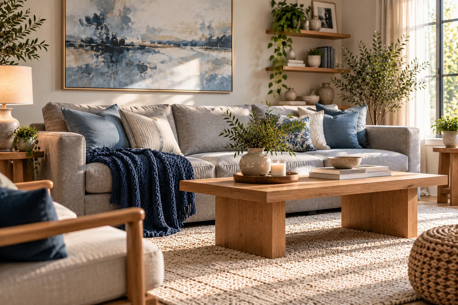 Modern grey sofa with dusty blue cushions navy accents and natural wood furniture