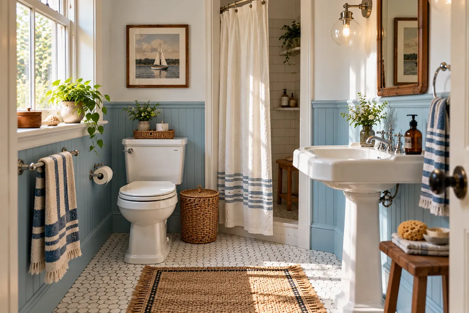 Retro bathroom with blue-and-white coastal vintage and practical vintage inspired fixtures