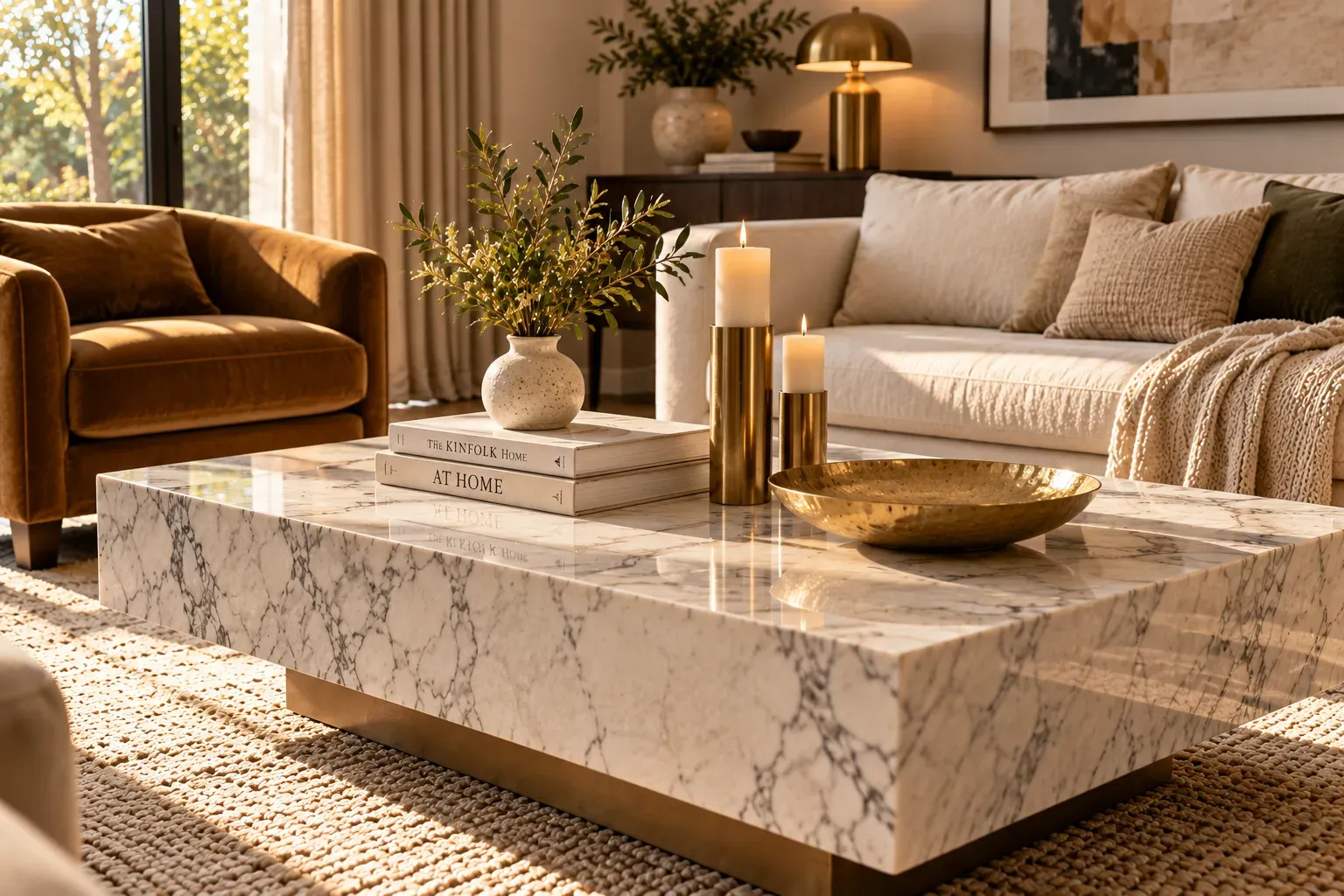 Luxury marble coffee table decorated with brushed brass candleholder and neutral books for an elegant living room