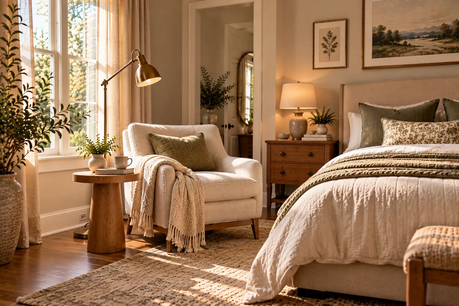Warm residential bedroom featuring upholstered reading chair and directional floor lamp, small oak side table,