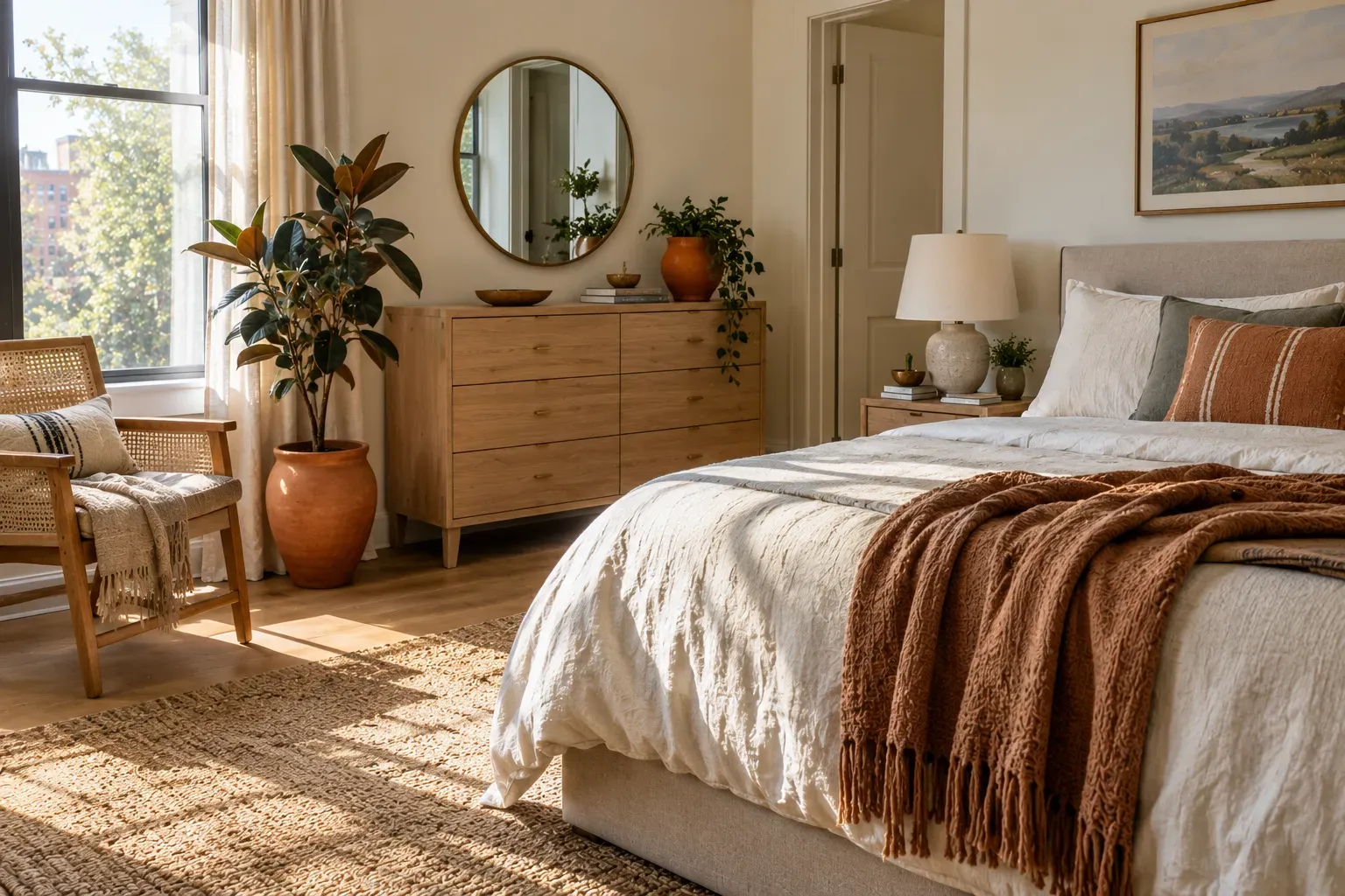 Realistic master bedroom showing bring in natural greenery with comfortable furnishings and natural daylight