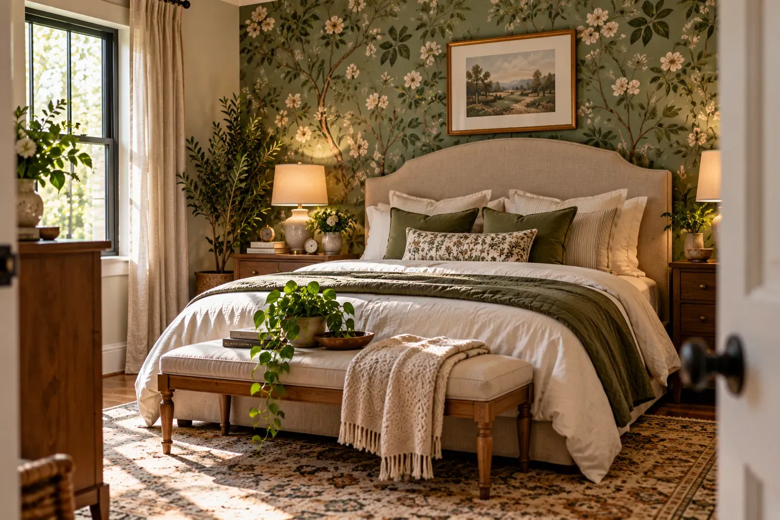Bring Nature In with a Botanical Headboard Wall styled with natural foliage and practical bedroom furnishings