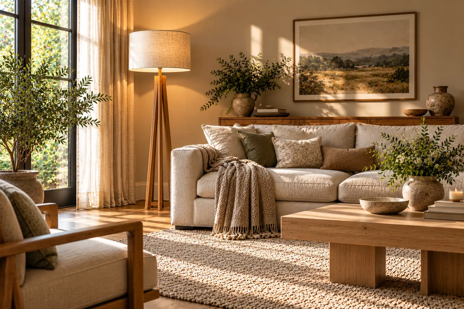 Natural oak floor lamp with fabric shade in a welcoming, naturally lit contemporary residential living