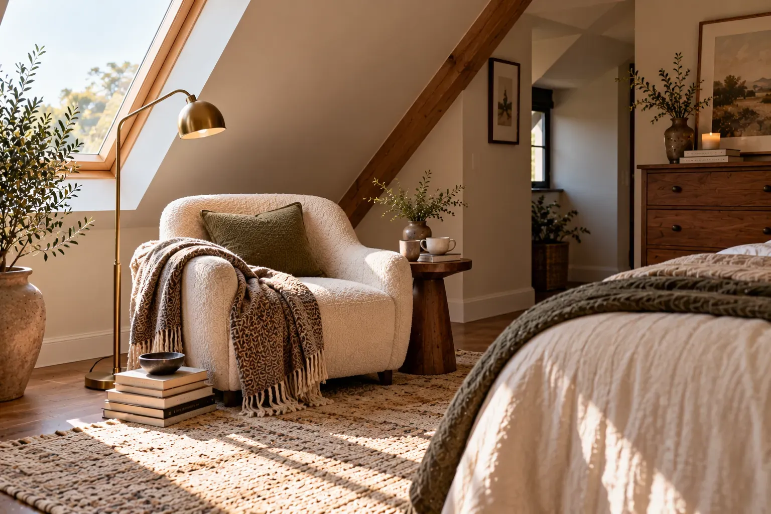 Realistic master bedroom showing build a cozy reading corner with comfortable furnishings and natural daylight