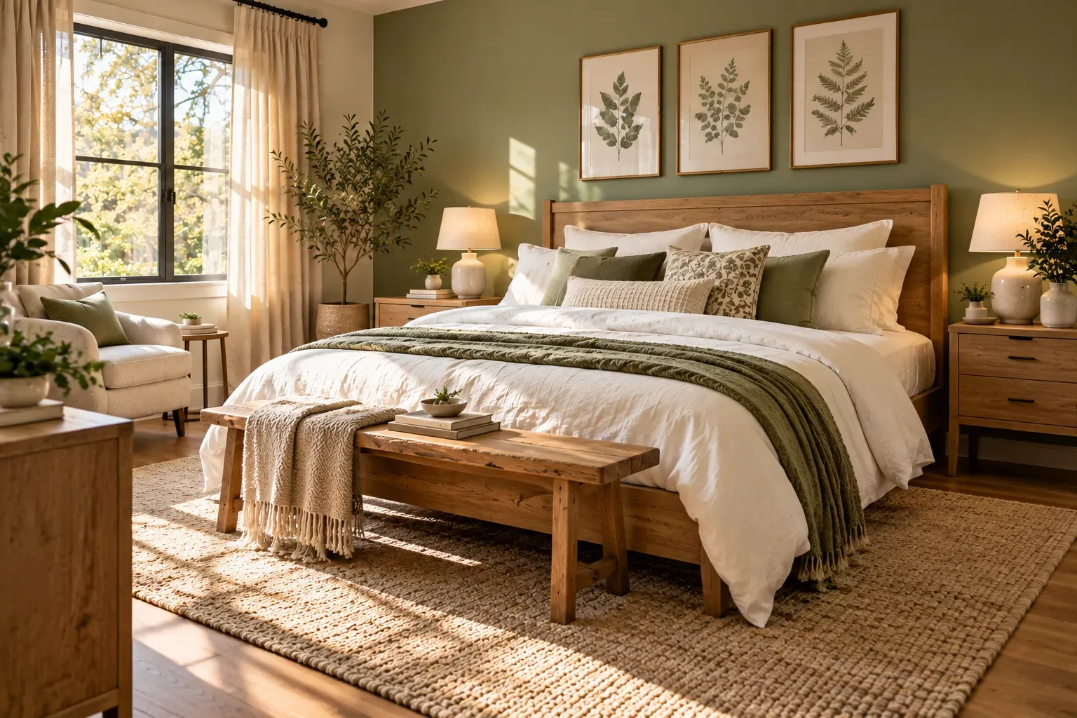 Warm residential bedroom featuring sage green wall and oak bed frame, white linen bedding, botanical