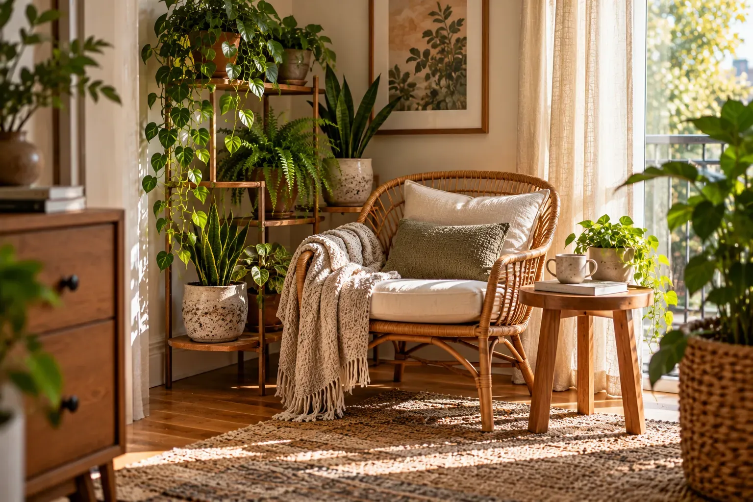 Build a Window-Side Greenery Nook styled with natural foliage and practical bedroom furnishings