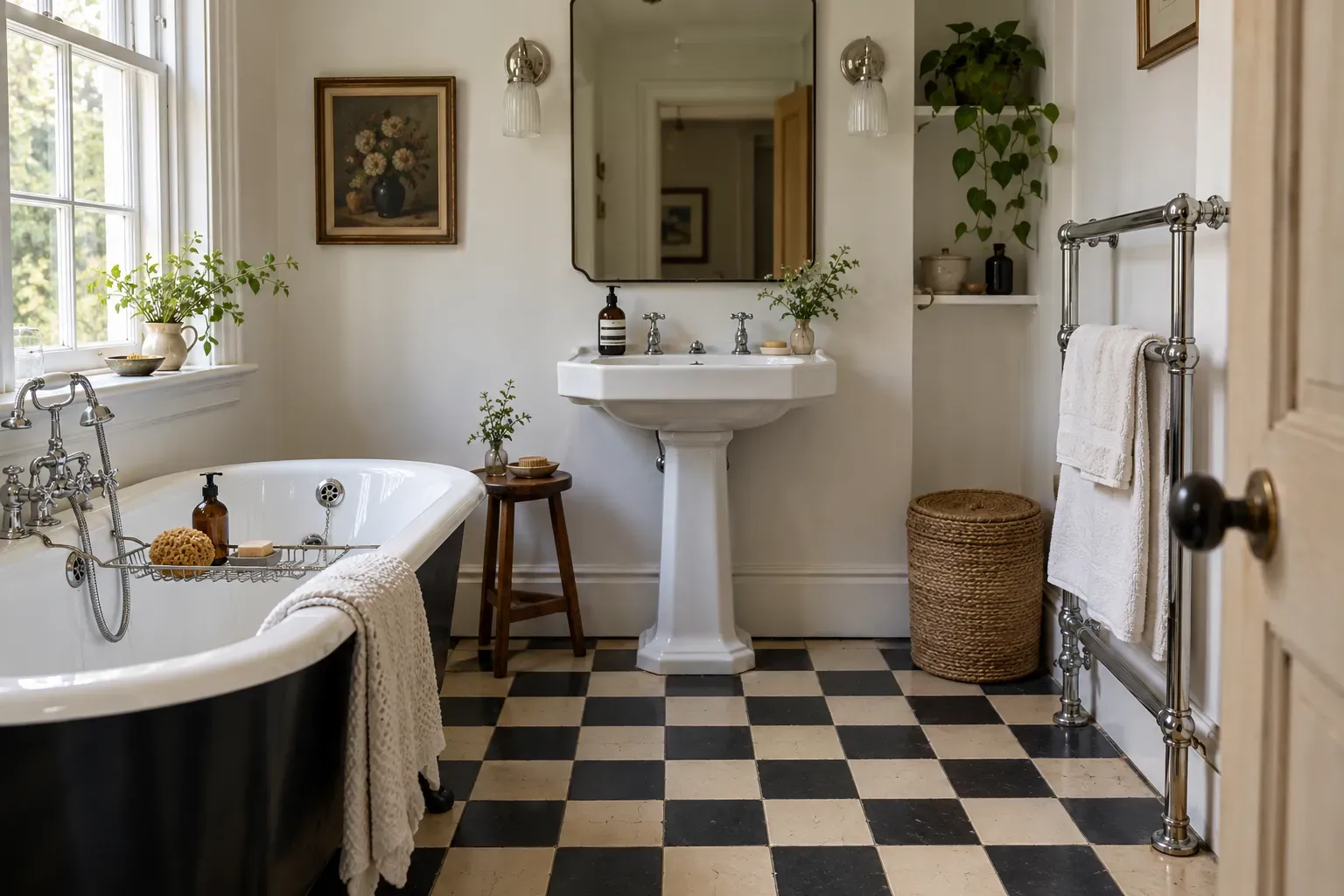 Retro bathroom with checkerboard floors with warm white walls and practical vintage inspired fixtures