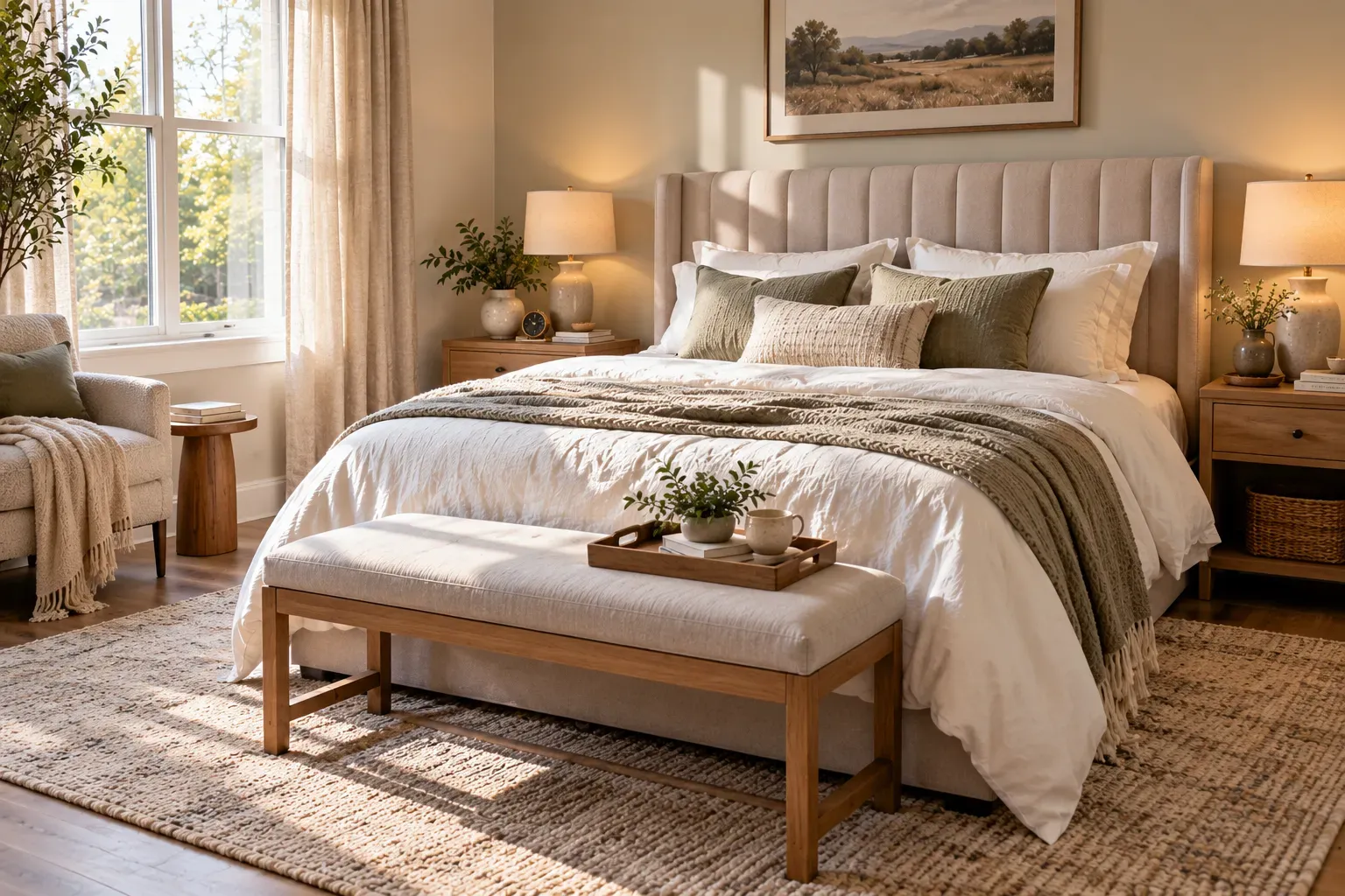 Photorealistic queen bedroom showing choose a headboard that fits your style with practical furniture
