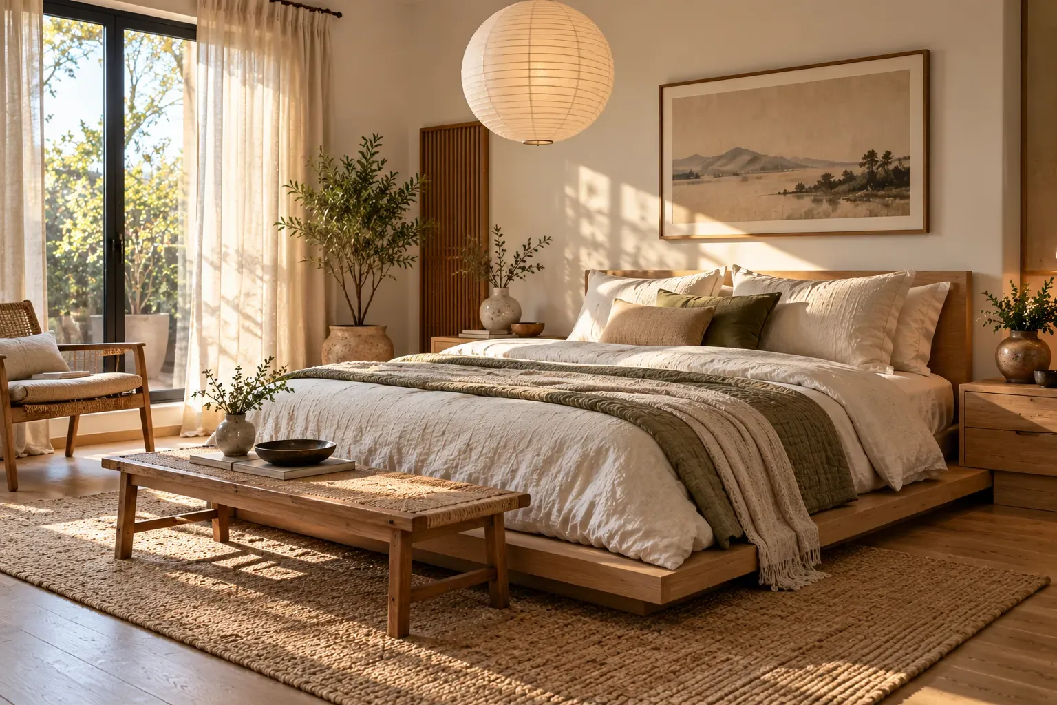 Realistic master bedroom showing choose a low platform bed with comfortable furnishings and natural daylight